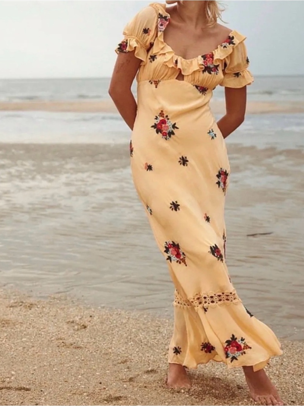 NWT Free People Yellow Floral Cottagecore Maxi Dress Ruffle Boho Romance Medium